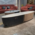 Two-Tone Curved TV Stand with White Marble Top and High-Gloss Wood Panels